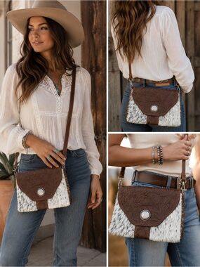 Brown Tooled Leather & Haircalf fur Crossbody Bag